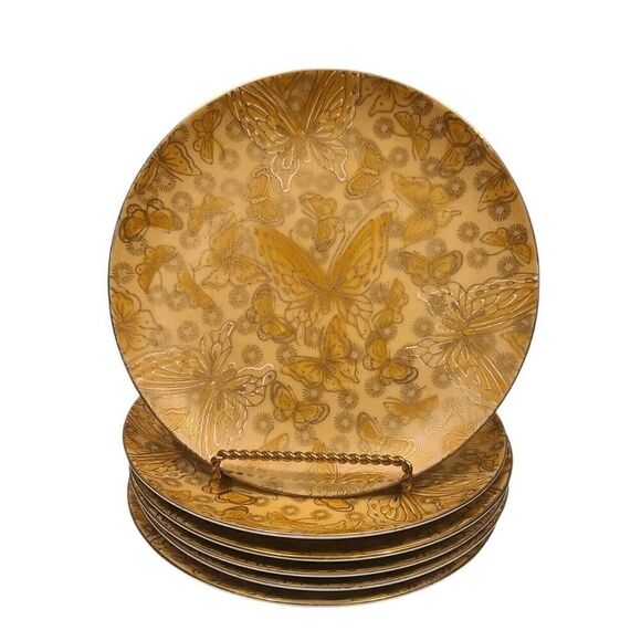 Dorothy C Thorpe VTG Porcelain Salad Plates Gold w/Butterflies- Set of (6) 7.75" - Picture 1 of 14